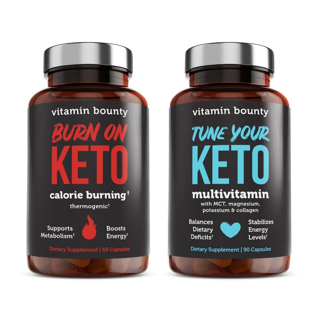 Vitamin Bounty Tune Your Keto and Burn on Keto Bundle - Keto Multivitamin, Calorie Burning for Women and Men, Premium Raspberry Ketones, Energy Support - Bundle 60 Capsule Each