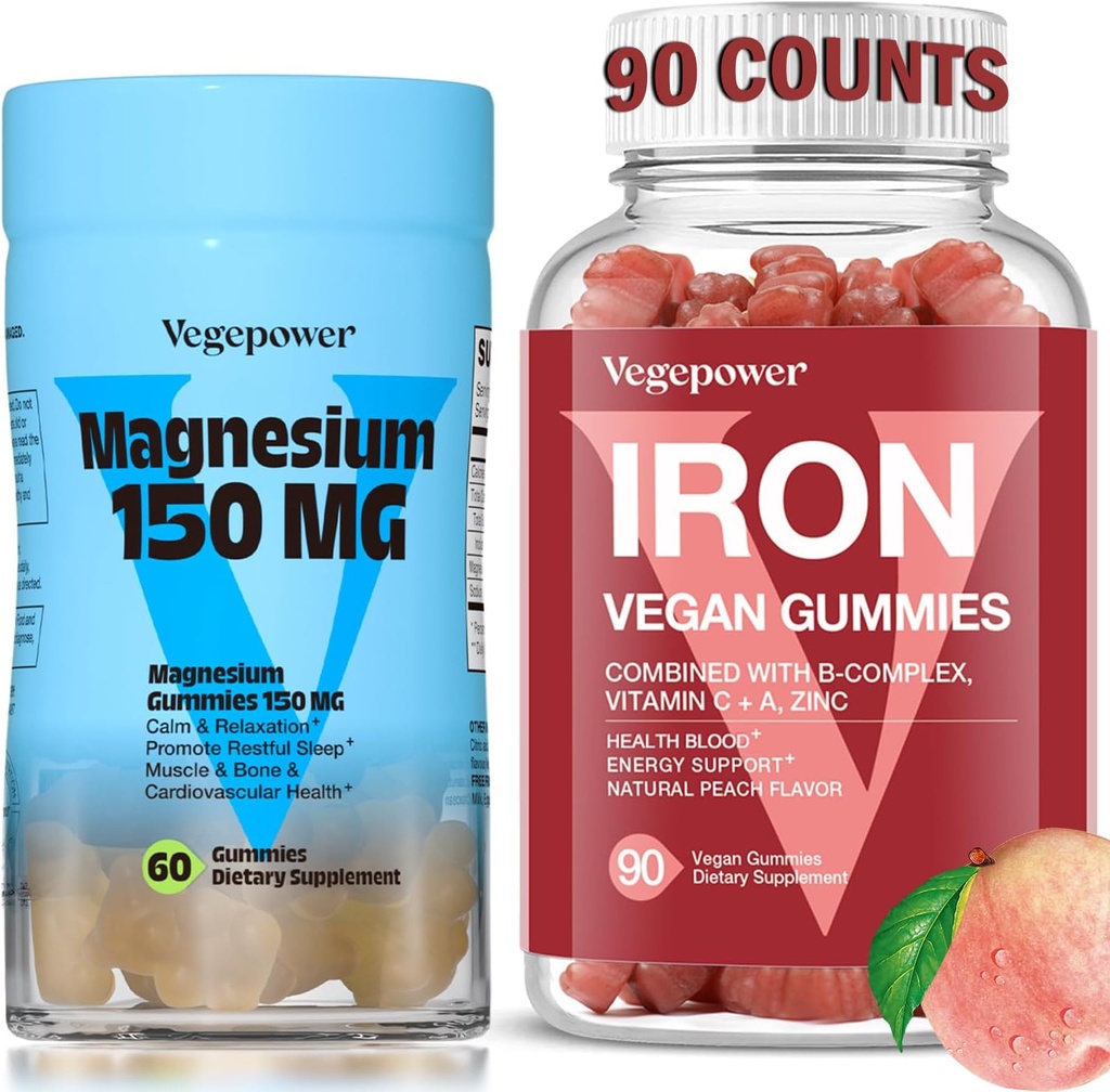 Iron Supplement with Magensium Gummies, Vegan Iron Gummies with Vitamin C, A, B-Complex, Folate, Zinc for Adults & Kids, for Iron Deficiency, Anemia, Relaxation Sleep, Non-GMO
