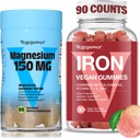 Συμπλήρωμα σιδήρου με Magensium Gummies, Vegan Iron Gummies με βιταμίνη C, A, B-Complex, Folate, Ψευδάργυρος για ενήλικες & παιδιά, για έλλειψη σιδήρου, αναιμία, χαλάρωση ύπνου, μη-GMO