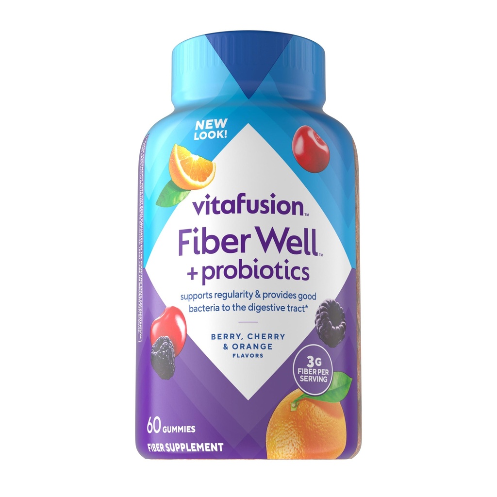 vitafusion Probiotic + Prebiotic Fiber Gummies for Adults, Probiotic Supplement with Prebiotic Fiber to Support Gut Health and Provide Good Bacteria (1), Cherry Berry Citrus Rush Flavor, 60 Count