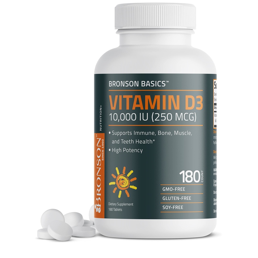 Bronson Βιταμίνη D3 10. 000 IU (250 MCG) για Υγιή Μυϊκή Λειτουργία και Ανοσολογική Υποστήριξη, Μη- ΓΤΟ, 180 δισκία