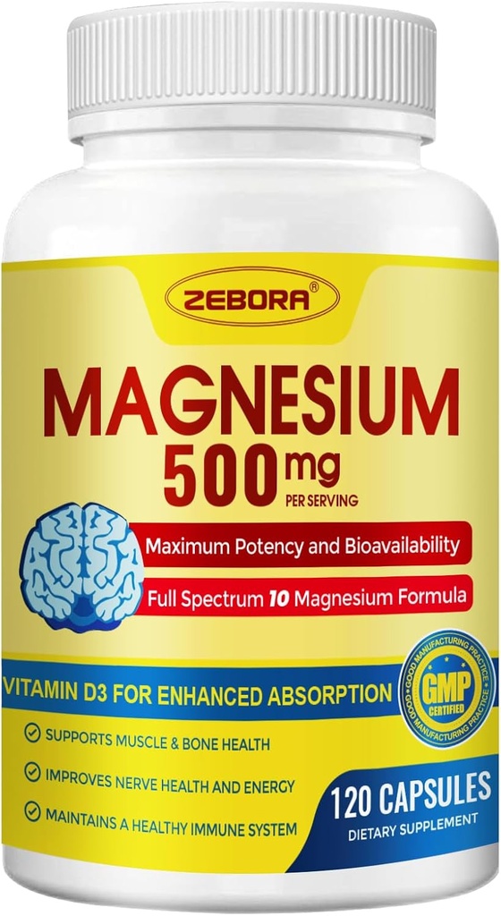 10-in-1 Magnesium Complex Supplement, Magnesium Glycinate 500mg with Citrate & Malate, Chelated High Absorption Plus Vitamin D3 & Zinc - for Nerve, Muscle & Bone Support - 120 Capsules