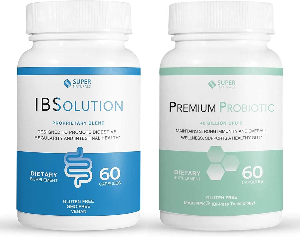 IBSolution Gut Health Bundle - Όλα τα φυσικά έντερα Υγεία Υποστήριξη & Premium Probiotics w/ 40 δισεκατομμύρια CFU για την υποστήριξη των ακανόνιστων Bowels, Bloating, δυσκοιλιότητα, αέριο, κοιλιακό άλγος - 2 πακέτα (120 Caps)
