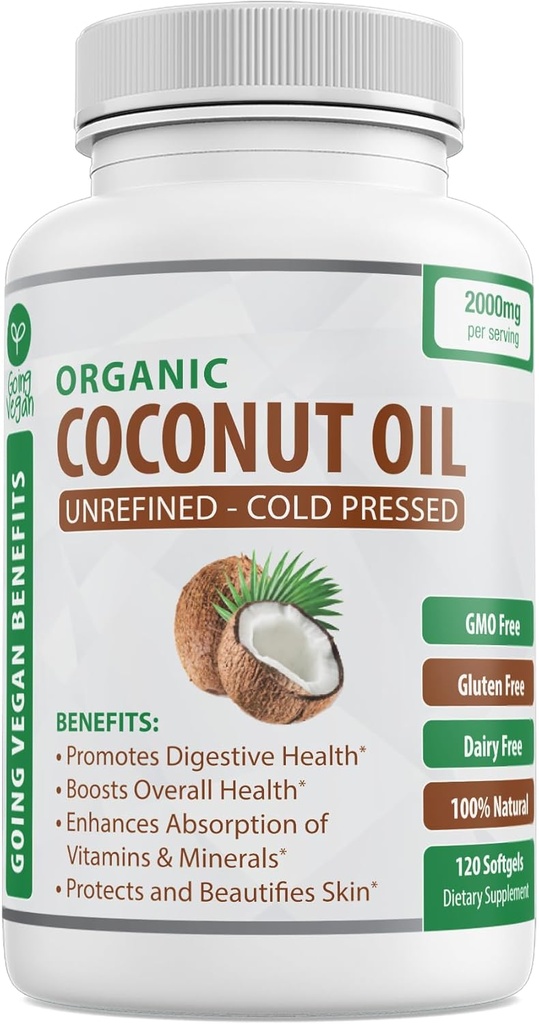 Organic Coconut Oil Capsules 2000mg - 100% Extra Virgin, Cold Pressed for Healthy Skin, Extra Hair Growth, Nail Care, Brain Booster - 120 Softgels - Ακατέργαστα Αγνά & Μη GMO χάπια - Πλούσια σε MCT