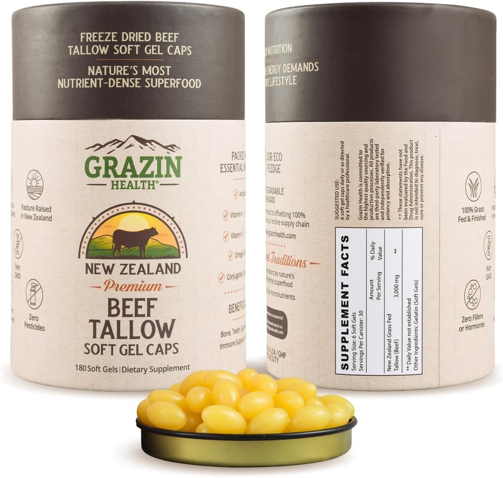 Grass-Fed Beef Tallow Capsules – 3000 mg Per Serving | Pasture-Raised, Grass-Finished (New Zealand) | Non-GMO, No Fillers or Flow Agents | cGMP Manufactured | 30-Day Supply