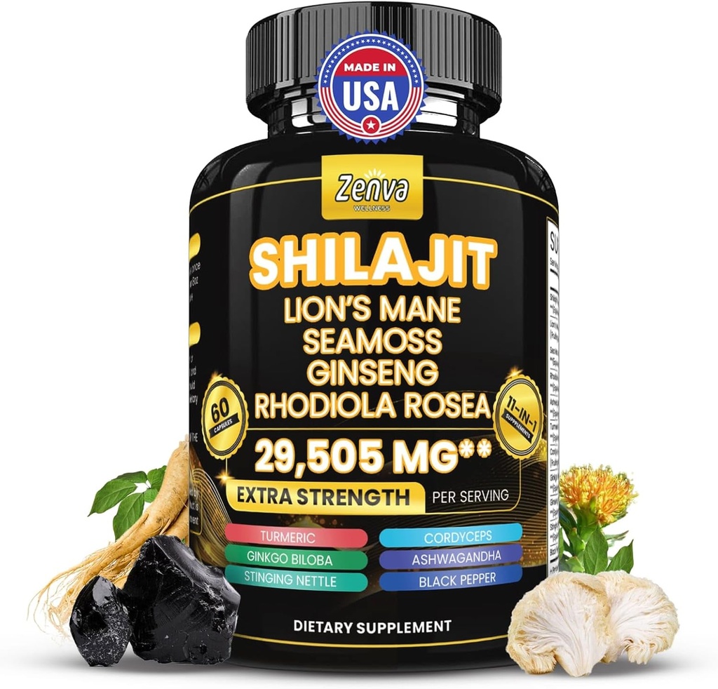 Shilajit and Sea Moss Combo Pure Shilajit for Men and Women Himalayan Shilajit Capsules Extra Strength with Lions Mane, Rhodiola Rosea, Ashwagandha, Cordyceps, Ginseng Plus Turmeric