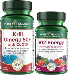 Προϊόντα καθαρότητας Bundle - Krill Omega 50+ με CoQ10 + B-12 Energy Melt - Krill Omega 50+ με CoQ10 (Krill Oil, Fish Oil, CoQ10, Vitamin D) B-12 Berry Melt (Methylcobalamin B12 + B6 + D3 + More)