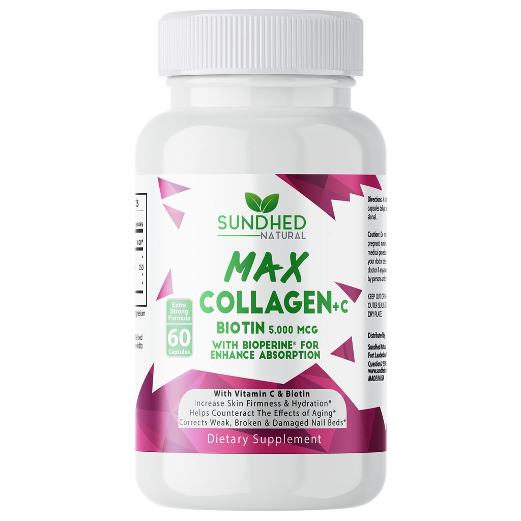 Max Collagen Plus C (60 caps) - All Natural Collagen Capsules with Biotin & Bioperine to Boost Anti Aging Hydration & Skin Firmness - Collagen Pills to Strengthen Bones & Nails