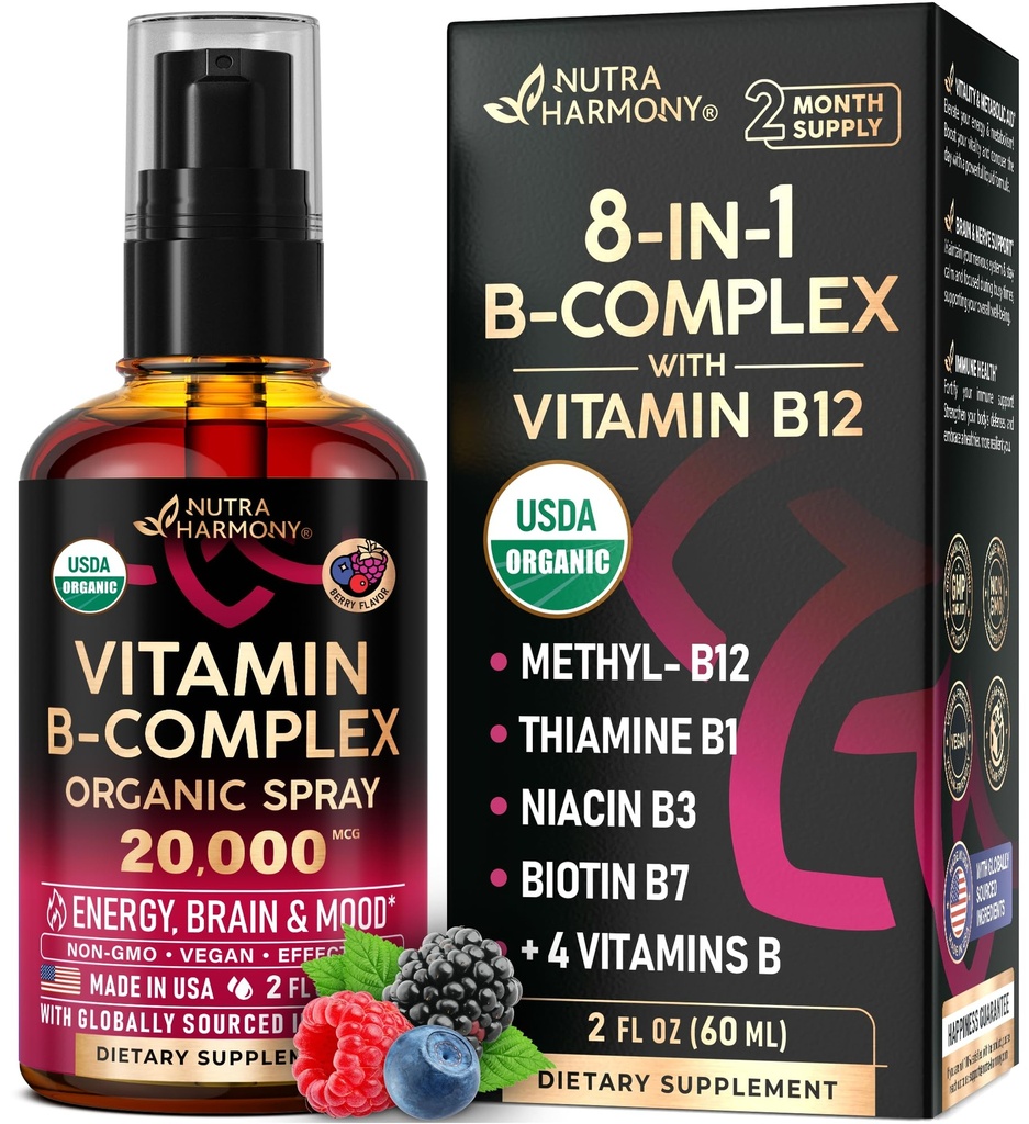 USDA Organic Vitamin B-Complex Liquid Spray 8-in-1 - B5 Pantothenic Acid 