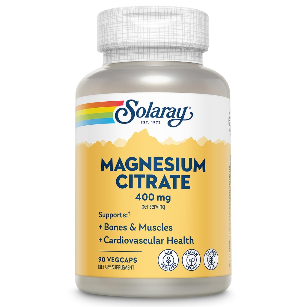 SOLARAY Magnesium Citrate 400mg - Συμπλήρωμα μαγνησίου - Υγεία των οστών, μυών, χαλάρωσης και καρδιακής υγείας Υποστήριξη - Ενισχυμένη απορρόφηση, Vegan, Χωρίς γλουτένη, 60-ημέρα εγγύηση, 30 υπηρεσίες, 90 VegCaps