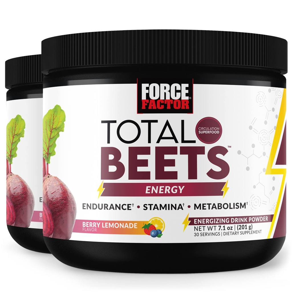 FORCE FACTOR Total Beets Energy Drink Mix 2-Pack, Superfood Beet Root Powder, Νιτρώδη για την ενίσχυση της ενέργειας, την υποστήριξη της κυκλοφορίας, τη ροή του αίματος, το νιτρικό οξίδιο και Σταματίνα, συμπλήρωμα υγείας καρδιάς, 60 υπηρεσίες