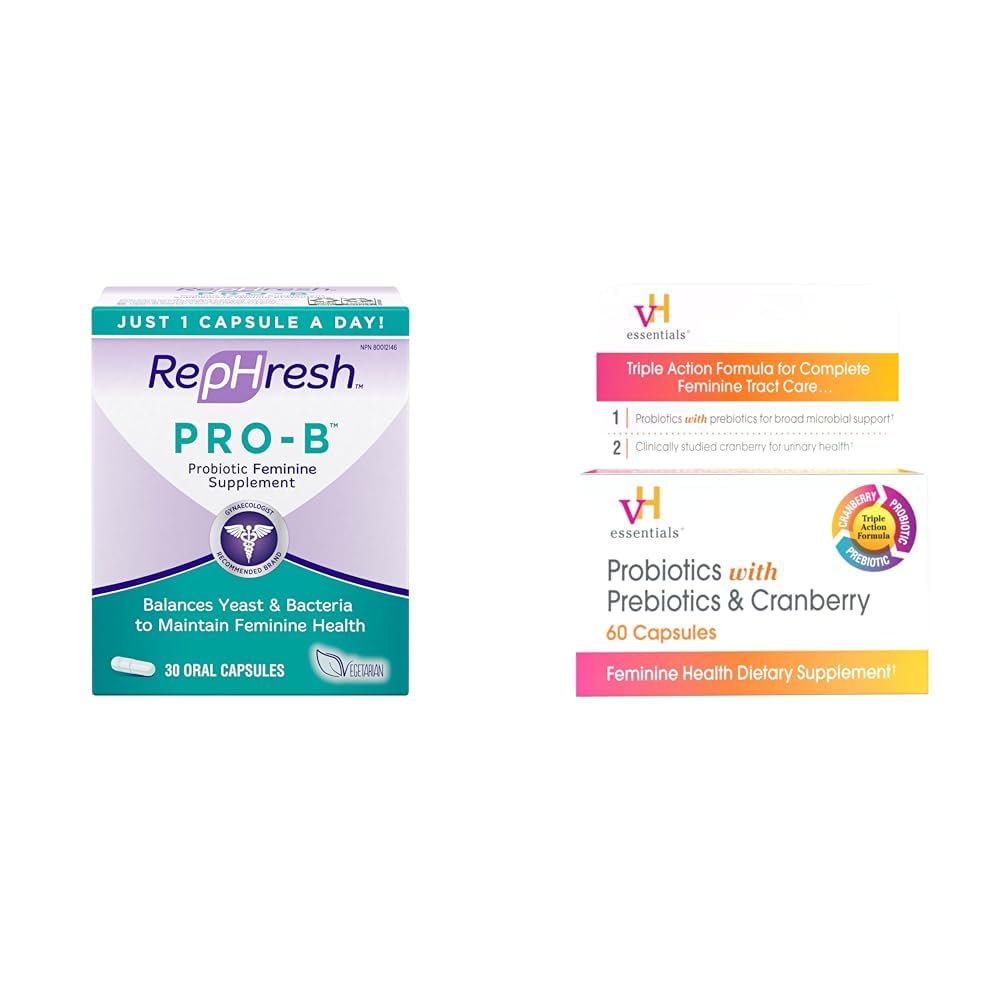 Rephresh Pro-B Προβιοτικό συμπλήρωμα για τις γυναίκες, 30 στοματικές κάψουλες & vH Απαραίτητα προβιοτικά με πρεβιοτικά και Cranberry Feminine συμπλήρωμα υγείας - 60 κάψουλες