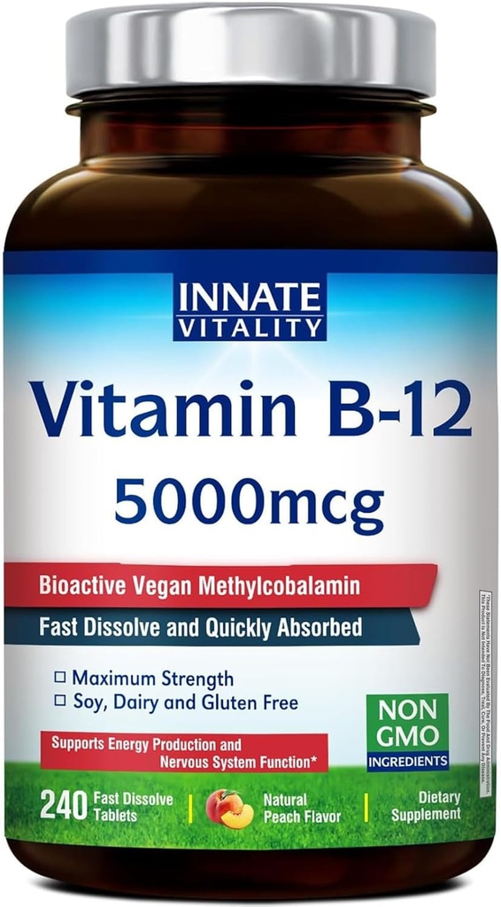 Έμφυτη Βιταμίνη Β12 5000mcg, Υπογλώσσια, Vegan Methylcobalamin, Ταμπλέτες ταχείας διάλυσης, Φυσικό άρωμα Peachάκινου, Υποστηρίζει την παραγωγή ενέργειας & Υγιεινό νευρικό σύστημα, 240 δισκία