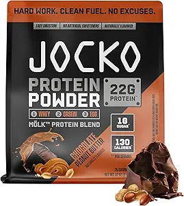 Jocko Fuel Mölk Whey Protein Powder 22g Low Sugar Monk Fruit Blend - Muscle Recovery & Growth, Packaging May Vary (31 Servings, Chocolate Peanut Butter)
