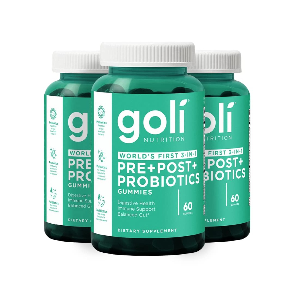 Goli Pre Pro Postbiotic Gummies - Worlds First 3-in-1 Formula with DE111 Probiotics, XOS Prebiotics, MCC1849 Postbiotics - Vegan, Non-GMO, Gluten-Free, 180 Count (3 Pack)