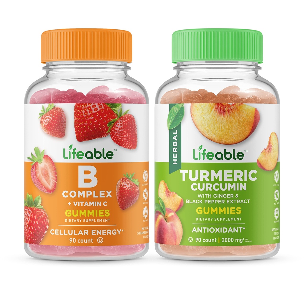 Lifeable B Complex + Turmeric Curcumin, Gummies Bundle - Great Tasting, Vitamin Supplement, Gluten Free, GMO Free, Chewable