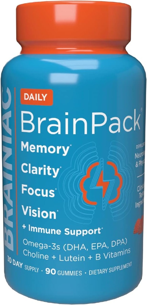 Brainiac καθημερινή BrainPack Gummies, υποστηρίζει την υγεία του εγκεφάλου με Omega 3 DHA DPA EPA, Choline, B6 & B12 και Lutein για την υγεία των ματιών με ανοσοποιητική υποστήριξη, Citrus Berry Flavor, 90 ct