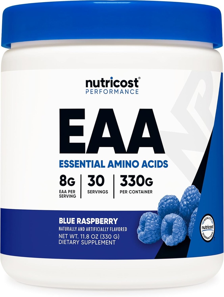Nutricost EAA Powder 30 μερίδες (Blue Raspberry) - Απαραίτητα Αμινοξέα - Μη ΓΤΟ, Χωρίς γλουτένη, Φιλικά προς τους χορτοφάγους