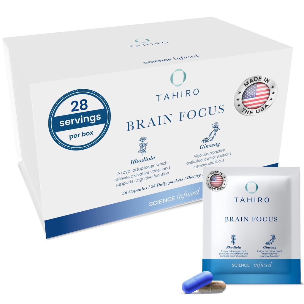 TAHIRO Brain Focus Supplement – Brain Supplements for Memory and Focus – Natural Brain Support Supplement with Gingko Biloba, Panax Ginseng, Herbal Extracts – Non-GMO Vegan Brain Booster – 28-Packets