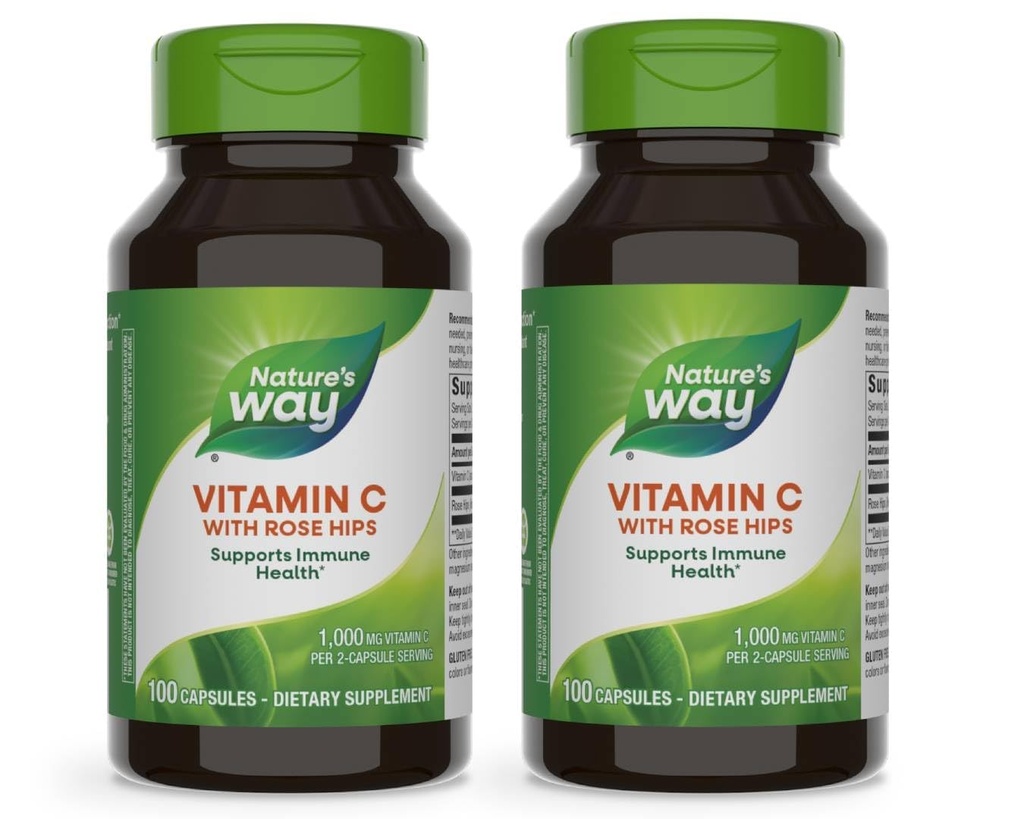 Nature's Way Vitamin C with Rose Hips - Powerful Antioxidant & Immune Function Support* - Collagen for Healthy Skin* - 1,000mg Vitamin C - 100 Count (50 Servings, 2-Pack)