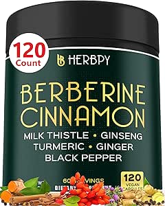 7in1 Premium Berberine and Ceylon Cinnamon for Weight Management, Digestion, Heart Health & Immune Support - with Ginseng, Turmeric, Ginger, Milk Thistle & Black Pepper - 120 Vegan Capsules