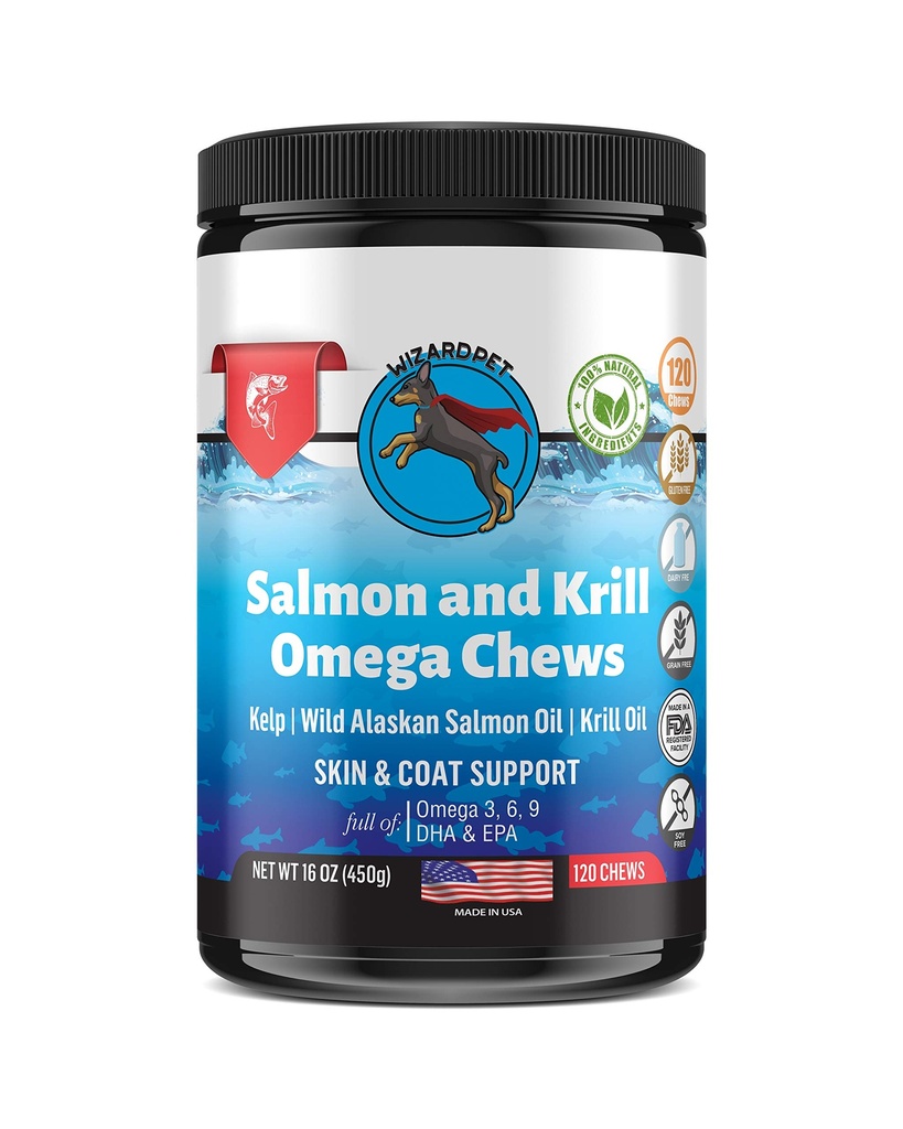 Wild Alaska Salmon Krill Oil Chews for Dogs - 120 μαλακά treats - Ωμέγα 3 6 9 συμπλήρωμα ψαριών EPA, DHA για Itch-Free Δερμάτινο παλτό αρθρώσεις - Αλλεργία ανακούφιση - Μείωση τρίχωμα - Made in USA