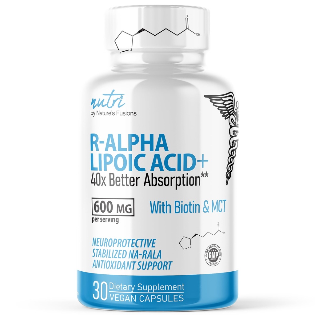 Nutri R Alpha Lipoic Acid 600mg Κάψουλες - R Lipoic Acid Stabilized with Biotin - Active Form of R- ALA - 600 mg Κλινική Δοσολογία - Ισχυρή Κυτταρική Ενέργεια Υποστήριξη - 30 Κάψουλες Vegan - RALA