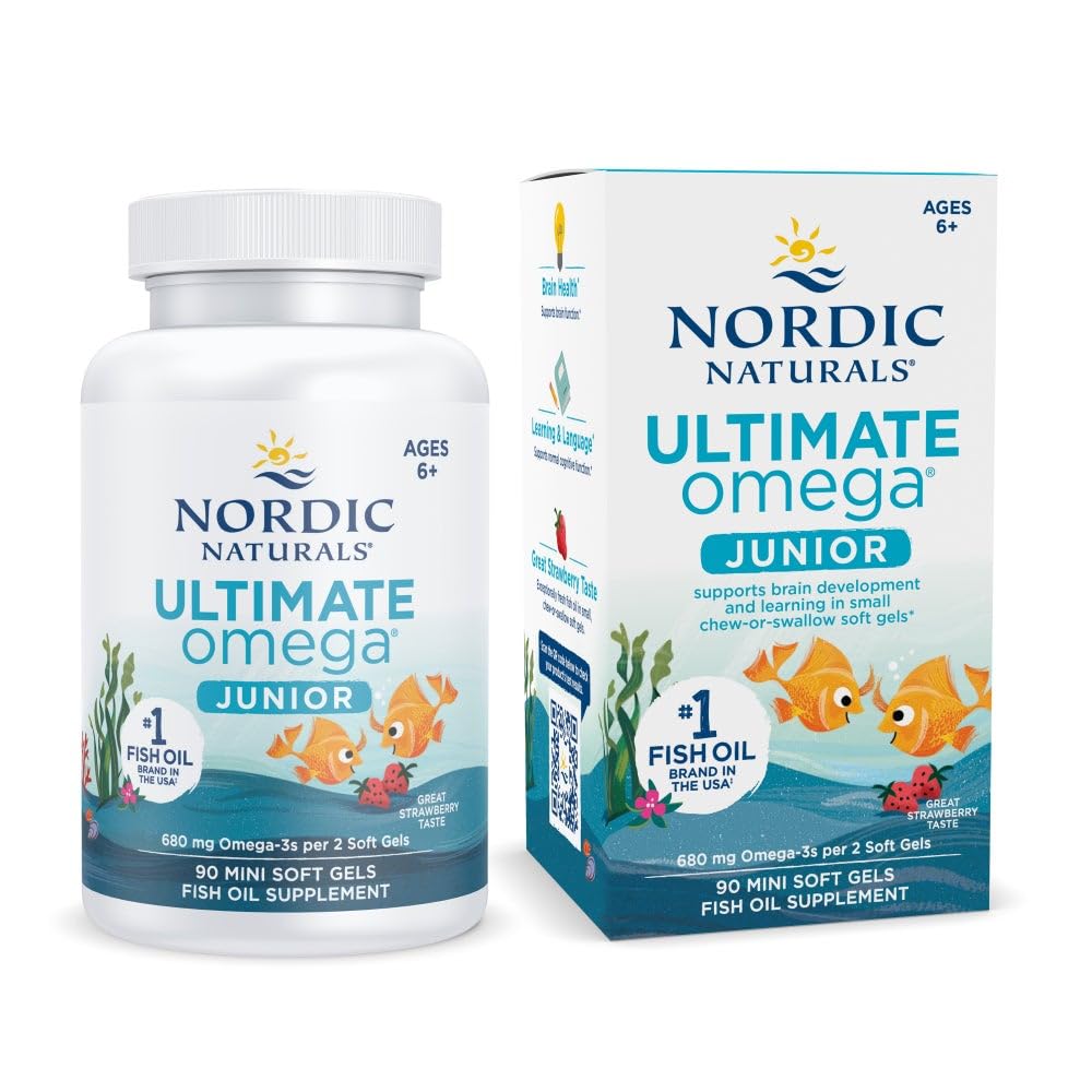 Nordic Naturals Ultimate Omega Jr., Φράουλα - 90 Mini Soft Gels - 680 Σύνολο Omega-3s με EPA & DHA - Εγκεφαλική υγεία, διάθεση, μάθηση - Μη-GMO - 45 Υπηρεσίες
