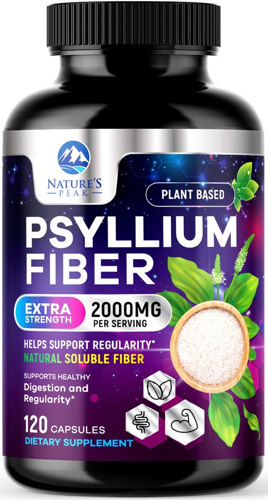 Psyllium Husk Powder 2000mg Per Serving - Soluble Fiber Supplement for Daily Digestive Health & Regularity Support, Natural Psyllium Powder Caps, Vegan Prebiotic, Non-GMO & Gluten-Free - 120 Capsules