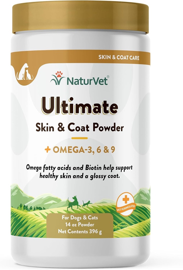 NaturVet Ultimate Skin and Coat Powder Plus Ωμέγα 3, 6 και 9 συμπλήρωμα για σκύλους και γάτες, σκόνη, Made in The USA with Globally Source Ingredients 14 Ουγγιά
