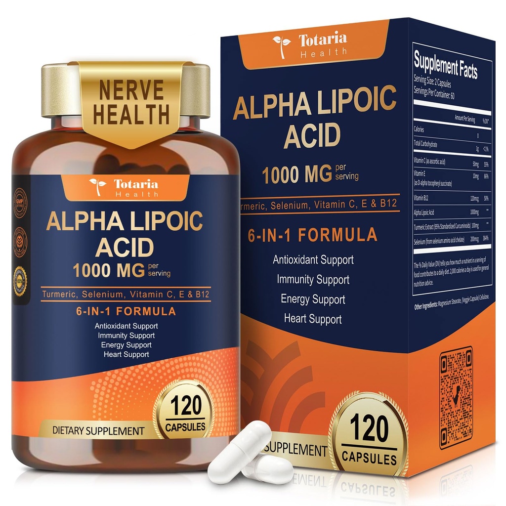 Totaria Alpha Lipoic Acid 1000mg - Συμπλήρωμα ALA Αντιοξειδωτικό για την υποστήριξη της νευροπάθειας Nerve Υγεία, ήπαρ Detox, Αντιοξειδωτικό, Μεταβολισμός και κυτταρική ενέργεια, Αντι-ΓΤΟ, Χωρίς γλουτένη, Vegan Safe