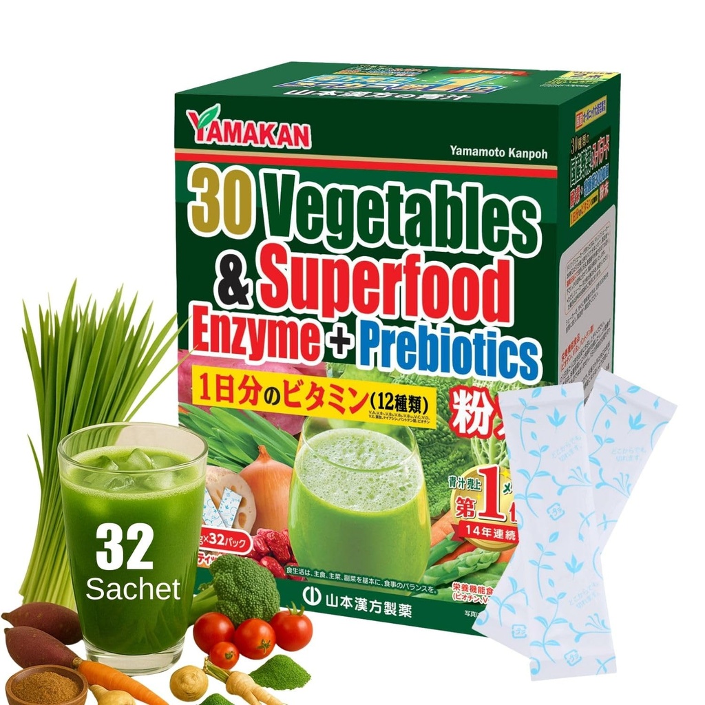 Yamamoto Kanpoh YAMAKAN Natural Digestive Enzymes with Prebiotic Powder, 12 Mixed Vitamins & Super Greens Powder Blend, Barley Grass Juice Superfood for Gut Health from Japan, 32 Packets