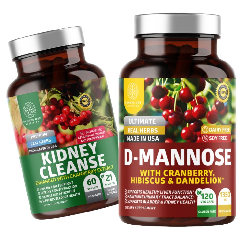 Number One Nutrition N1N Premium D-Mannose [1350mg] με Cranberry & Hibiscus και Kidney Cleanse [21 Potent Herbs] με Cranberry Extract, Astragalus, Uva Ursi, 2 Pack Bundle