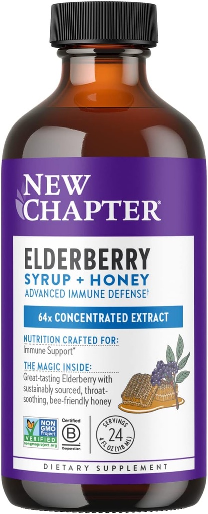 New Chapter Elderberry Syrup, 24 Μερίδες, Ανοσοποιητική Άμυνα για Ενήλικες & Παιδιά (2+), 64x Συμπυκνωμένο Black Elderberry + Λαρύγγι-Ηρεμιστικό Βαθμός Α Μέλι, Μη ΓΤΟ Πρόγραμμα Επαληθευμένο, Χωρίς Γλουτένη
