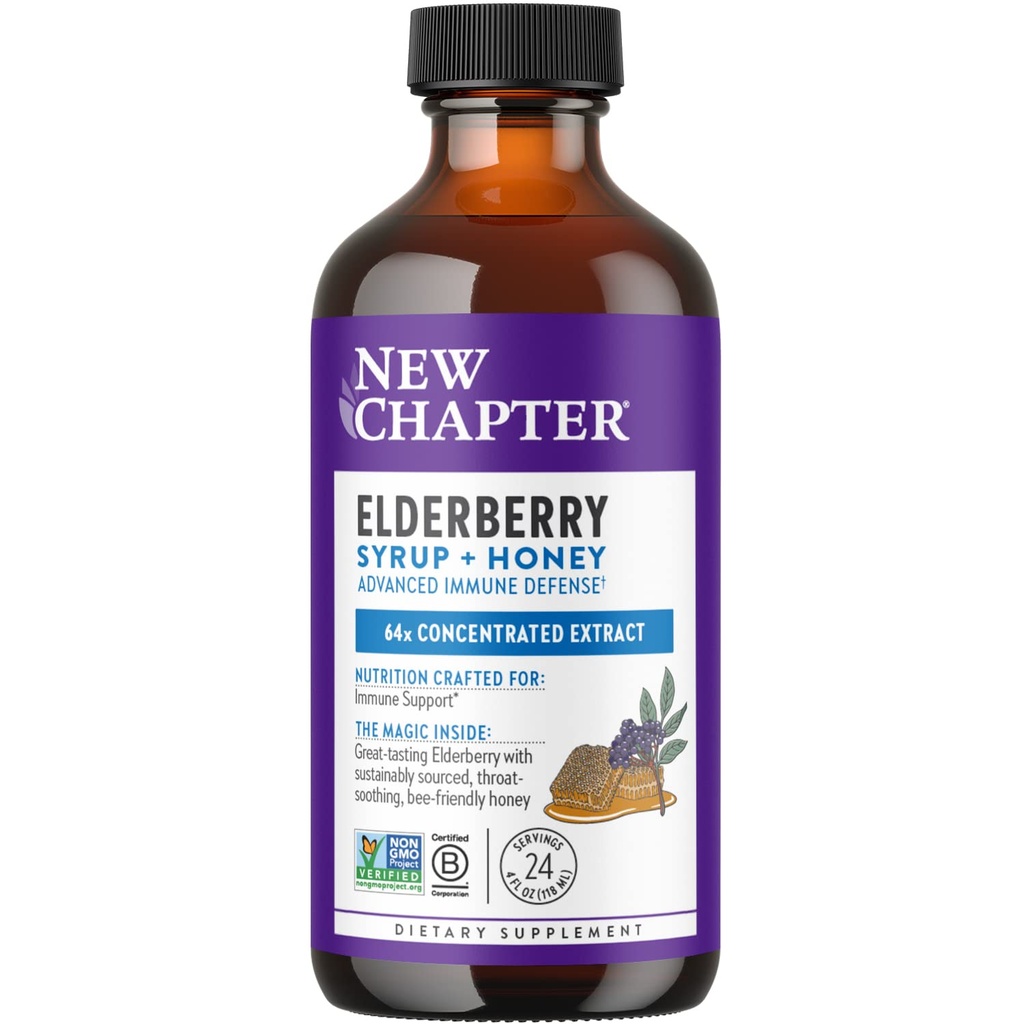 New Chapter Elderberry Syrup, 24 Μερίδες, Ανοσοποιητική Άμυνα για Ενήλικες & Παιδιά (2+), 64x Συμπυκνωμένο Black Elderberry + Λαρύγγι-Ηρεμιστικό Βαθμός Α Μέλι, Μη ΓΤΟ Πρόγραμμα Επαληθευμένο, Χωρίς Γλουτένη