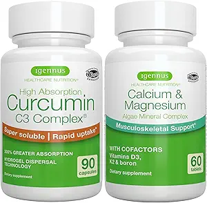 Algae Calcium & Magnesium Complex + High Absorption Curcumin C3 Complex, Vegan Bundle for Bones, Joints & Recovery from Exercise, by Igennus