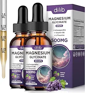 (2 Pack) Magnesium Glycinate Liquid Drops 500mg, with Vitamin B6, Ashwagandha, L - Theanine, Chamomile, Magnesium Glycinate Supplement High Absorption for Sleep, Stress, Energy Mood - Grape Flavor