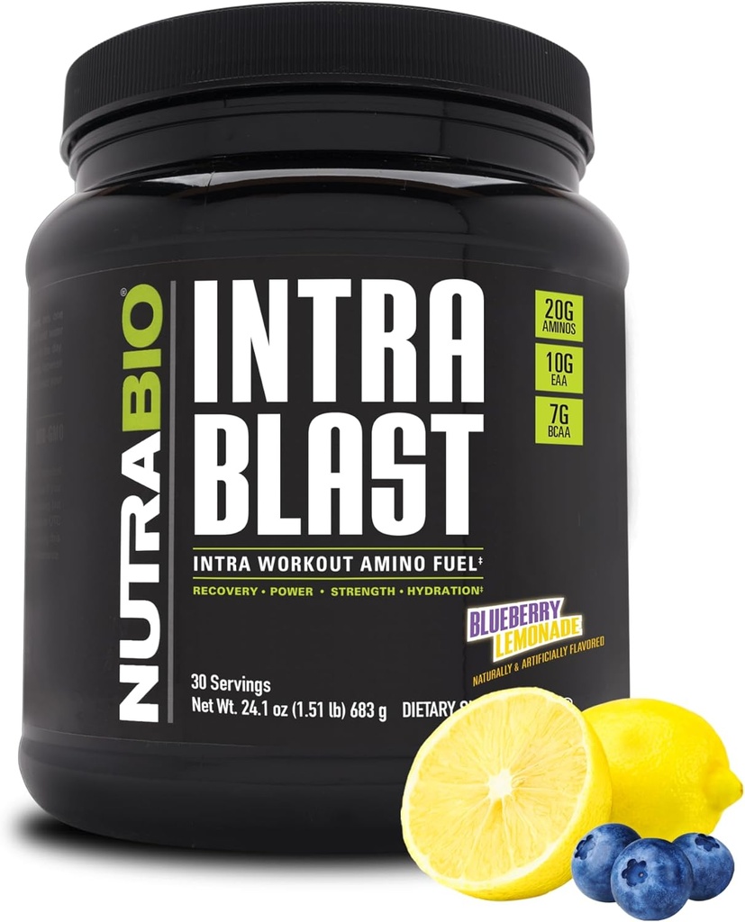 NutraBio Intra Blast Bcaa Powder Amino Acid Supplement, Ηλεκτρολυτικό & Ενυδατικό Μείγμα, Intra, Pre Processing & Mus Recovery, 20g Eaa Amino Acids Powder, 5g Glutamine - Λεμονάδα Βατόμουρο, 30
