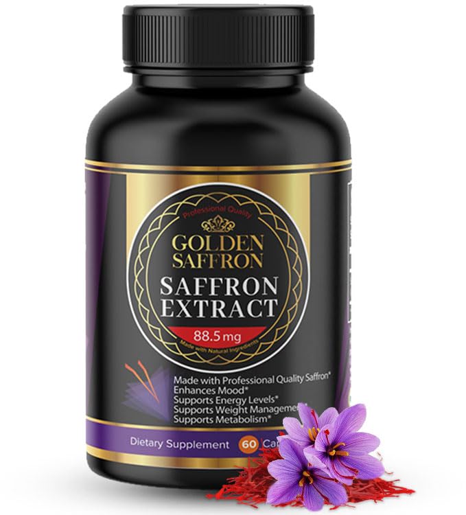 GOLDEN SAFFRON Saffron Extract Capsules - Premium Saffron Supplements - 88.50 mg Pure Saffron Pills - Mood Support - Eye Support - Emotional Balance, Focus & Eye Health Made in The USA - 60 Capsules