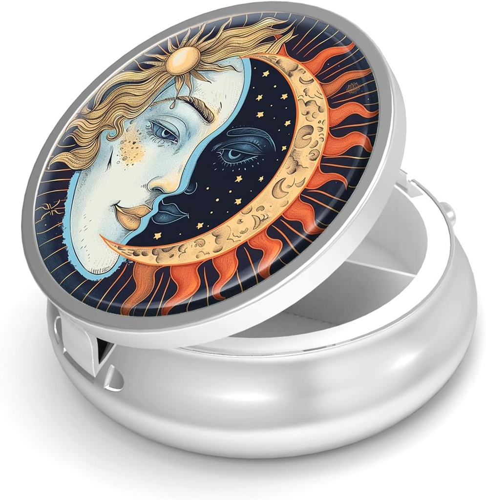 Χάπια Box-3 Διαμέρισμα Μικρό Χάπια Θήκη για Αγορές & Pocket Mini Μεταλλικό Χάπια Κάτοχος Ταξί Χάπια για να κρατήσει συμπληρώματα Βιταμίνες BPA-Free (Ήλιος και Σελήνη)