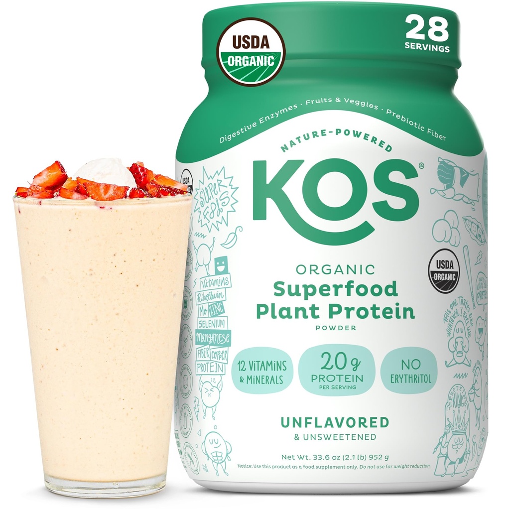 KOS Vegan Protein Powder, Unflavored & Uncoweed - Χαμηλό μείγμα πρωτεΐνης αρακάς, οργανικά Superfood πλούσια σε βιταμίνες & ορυκτά - Κέτο, σόγια, χωρίς γαλακτοκομικά - Αντικατάσταση γεύματος για γυναίκες & άνδρες - 28