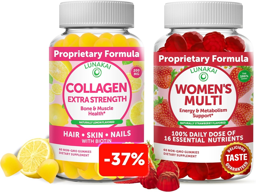Lunakai Collagen and Women's Multivitamin Gummies Bundle - Συμπληρώματα Αντιγήρανσης χωρίς ΓΤΟ με Βιοτίνη, Ψευδάργυρο, Βιταμίνη C και Ε - 100% Καθημερινή Αξία 16 Ουσιαστικών Βιταμινών και Ορυκτών - 30 Ημέρες Προσφορά