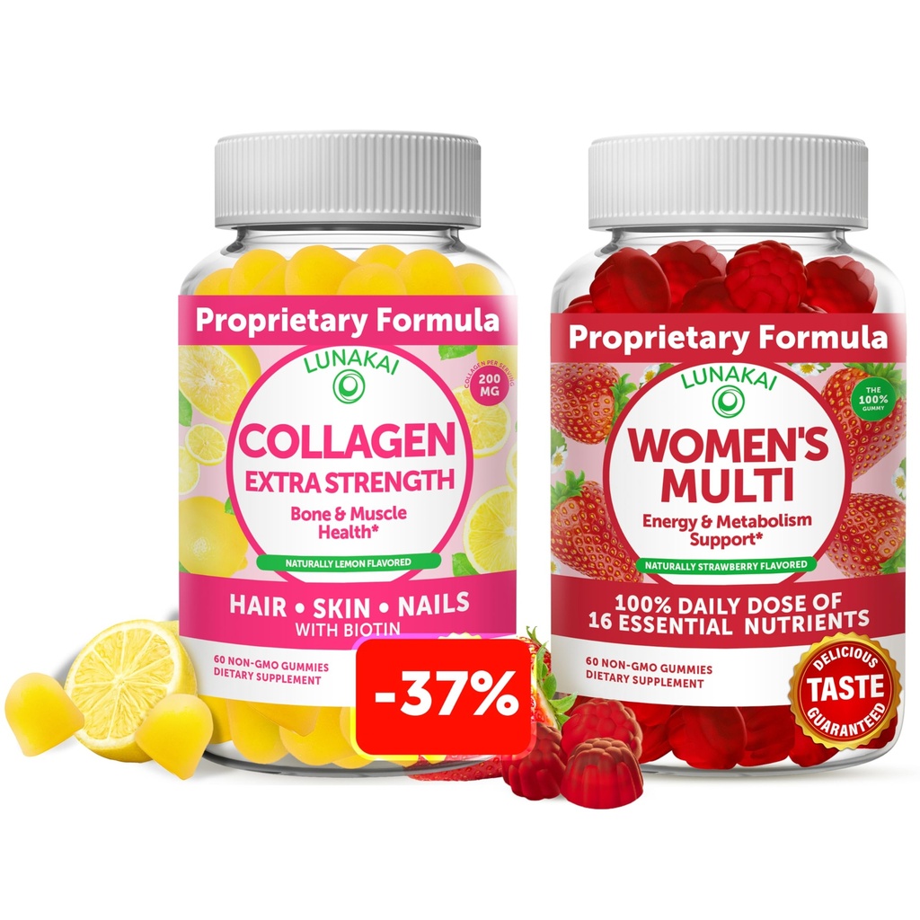 Lunakai Collagen and Women's Multivitamin Gummies Bundle - Συμπληρώματα Αντιγήρανσης χωρίς ΓΤΟ με Βιοτίνη, Ψευδάργυρο, Βιταμίνη C και Ε - 100% Καθημερινή Αξία 16 Ουσιαστικών Βιταμινών και Ορυκτών - 30 Ημέρες Προσφορά