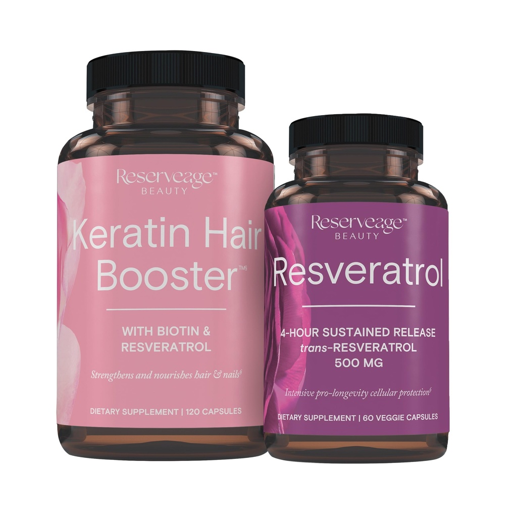Reservage Διατροφή Κερατίνης Hair Booster με Biotin & Resveratrol, Hair and Nail Growth Supplement, 120 Κάψουλες (60 Services) & Resveratrol 500 mg, Υποστηρίζει υγιή γήρανση και ανοσοποιητικό σύστημα