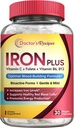 Doctor's Recipes Iron Supplement for Women Men - Gentle Iron Bisglycinate with Vitamin C, B6, Folate & B12 - Μη Συντηρητικό & Στομάχι Φιλικά Iron Hills for Blood & Energy Support, 30 Vegan Caps