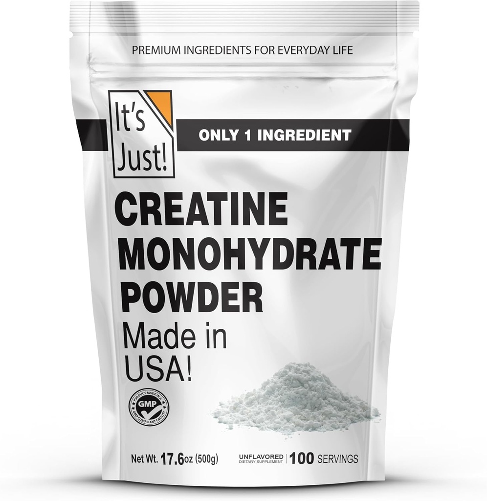 It's Just! - Creatine Monohydrate Powder, Pure Creatine Powder, Made in USA, 3rd Party Lab Tested, 5g Per Serving, Scoop Included, No Fillers, No Added Flavor (Unflavored, 500g / 100 Servings)