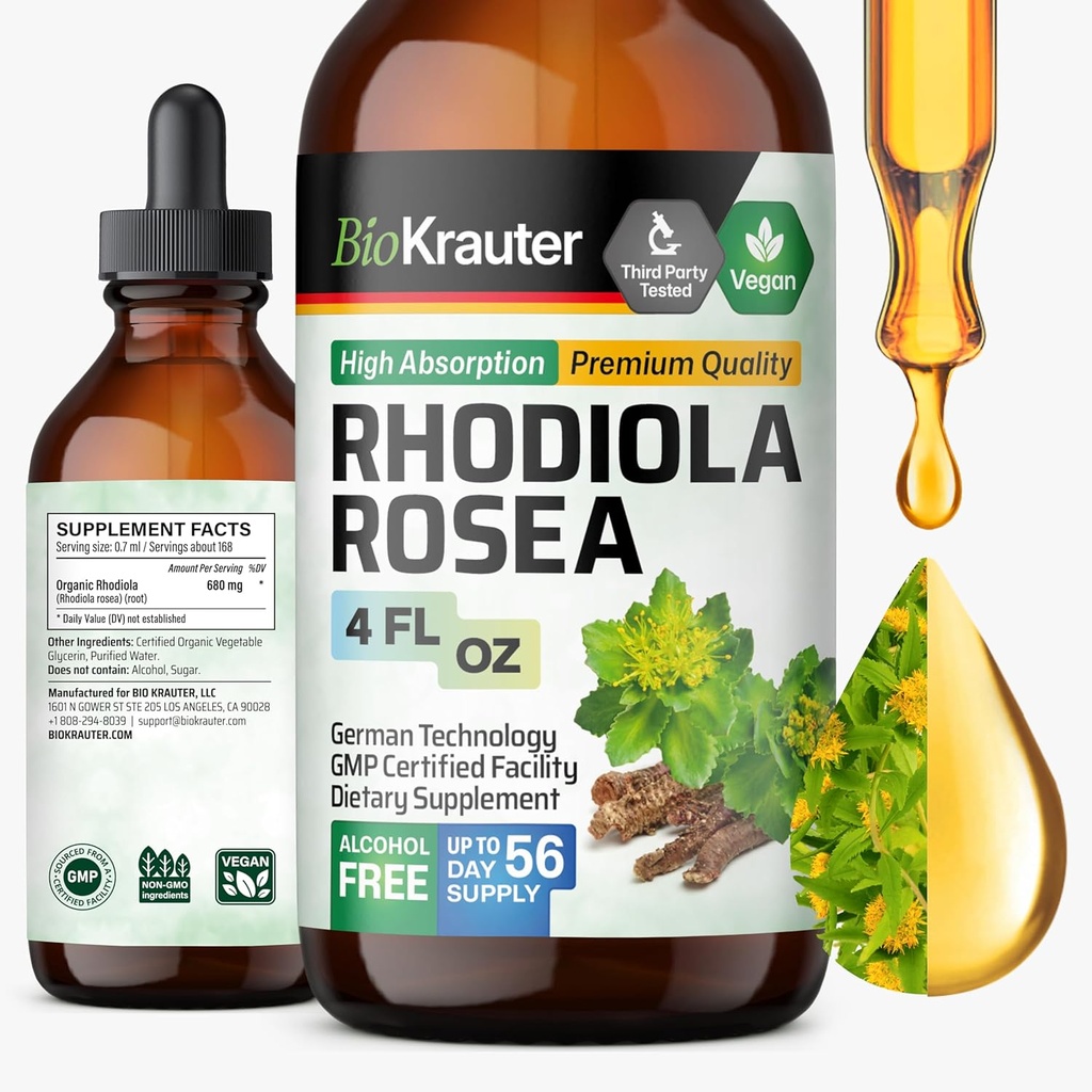 BIO KRAUTER Rhodiola Supplement Liquid - Pure Rhodiola Rosea Βάμμα για την υποστήριξη της ηρεμίας - Αλκοόλ & Ζάχαρη Δωρεάν εκχύλισμα - 4 FL.Oz.