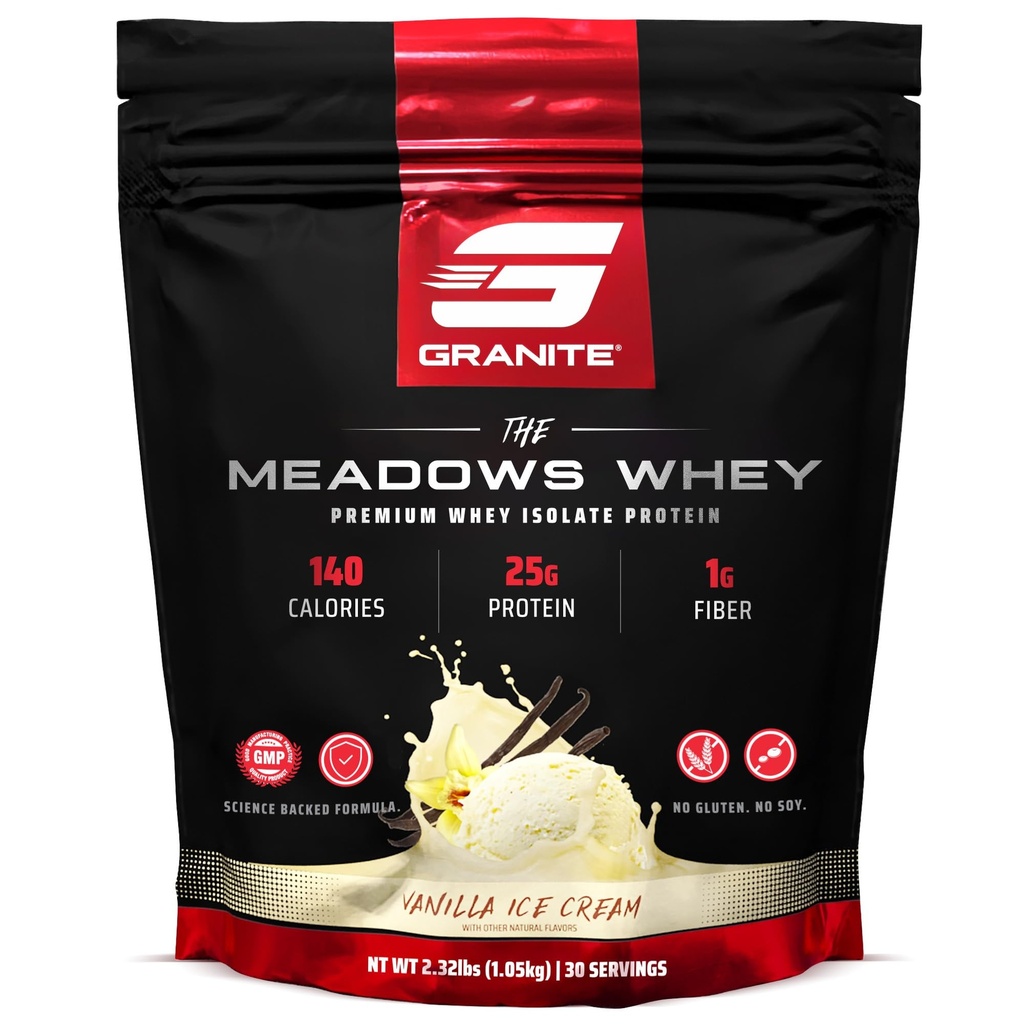 Συμπληρώματα γρανίτη Η σκόνη πρωτεΐνης Whey Isolate πρωτεΐνης για Lean Μύες με 150 θερμίδες, 2g Ίνες, 1g Ζάχαρη (30 μερίδες), άρωμα παγωτό βανίλια