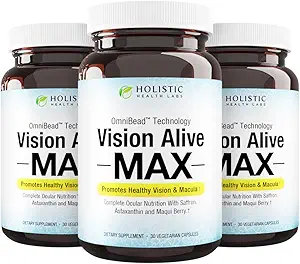 Holistic Health Labs Vision Alive Max with 8 Natural Ingredients Lutemax® 2020, Bilberries, Blueberries, c3g from Black Currant, Maqui Berry, Saffron, and Astaxanthin (30 Count (Pack of 3))