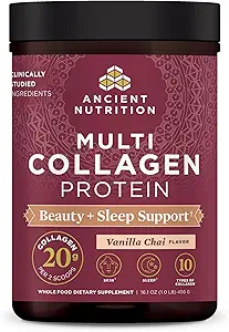Ancient Nutrition Collagen Powder Protein, Multi Collagen Protein Beauty + Sleep with Vitamin C, Vanilla Chai, Hydrolyzed Collagen Peptides Supports Skin and Nails, Sleep, 16.1oz